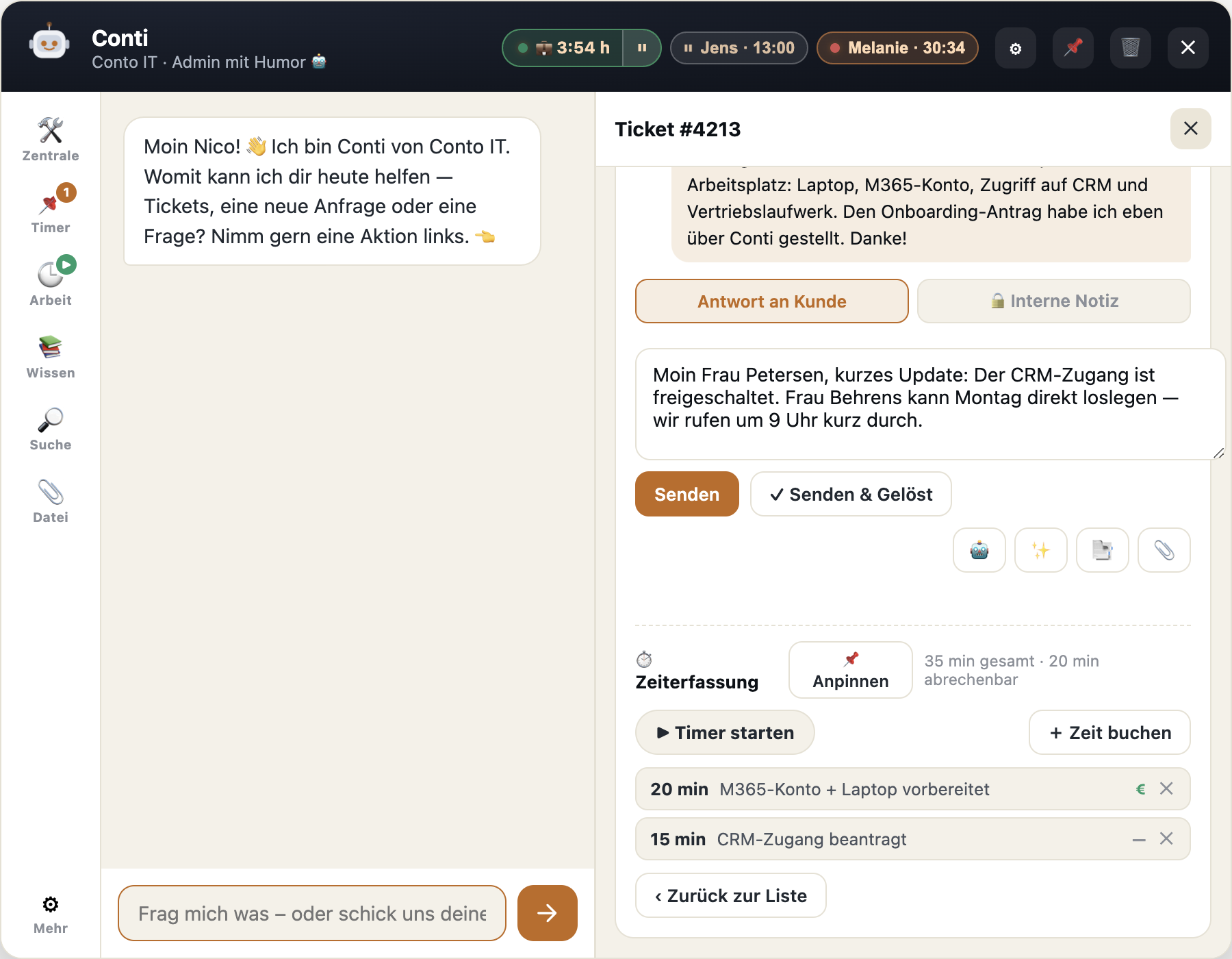 Conti ticket hub: writing a reply with AI tools and time tracking