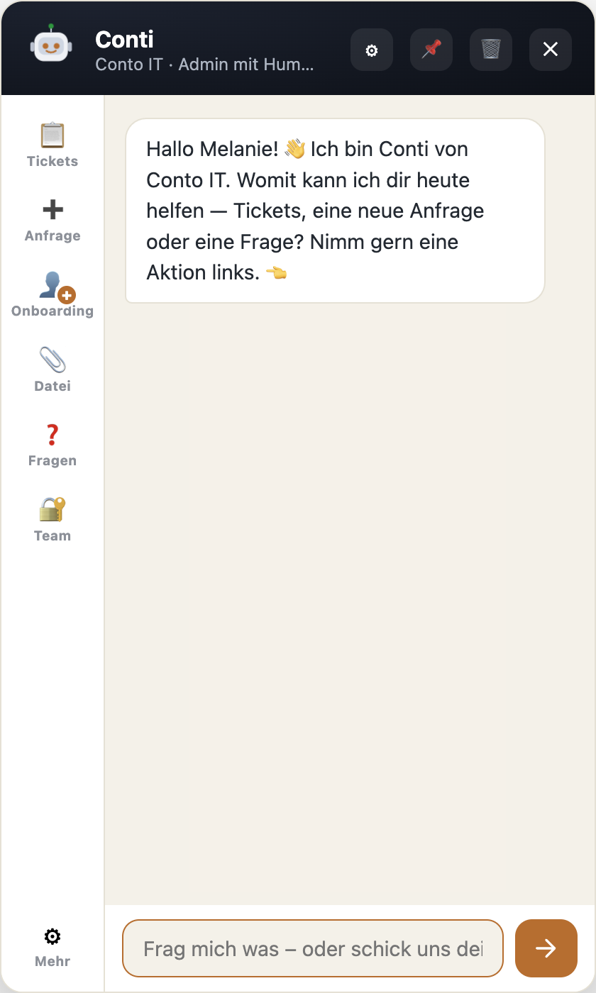 Conti app: start view with personal greeting and actions