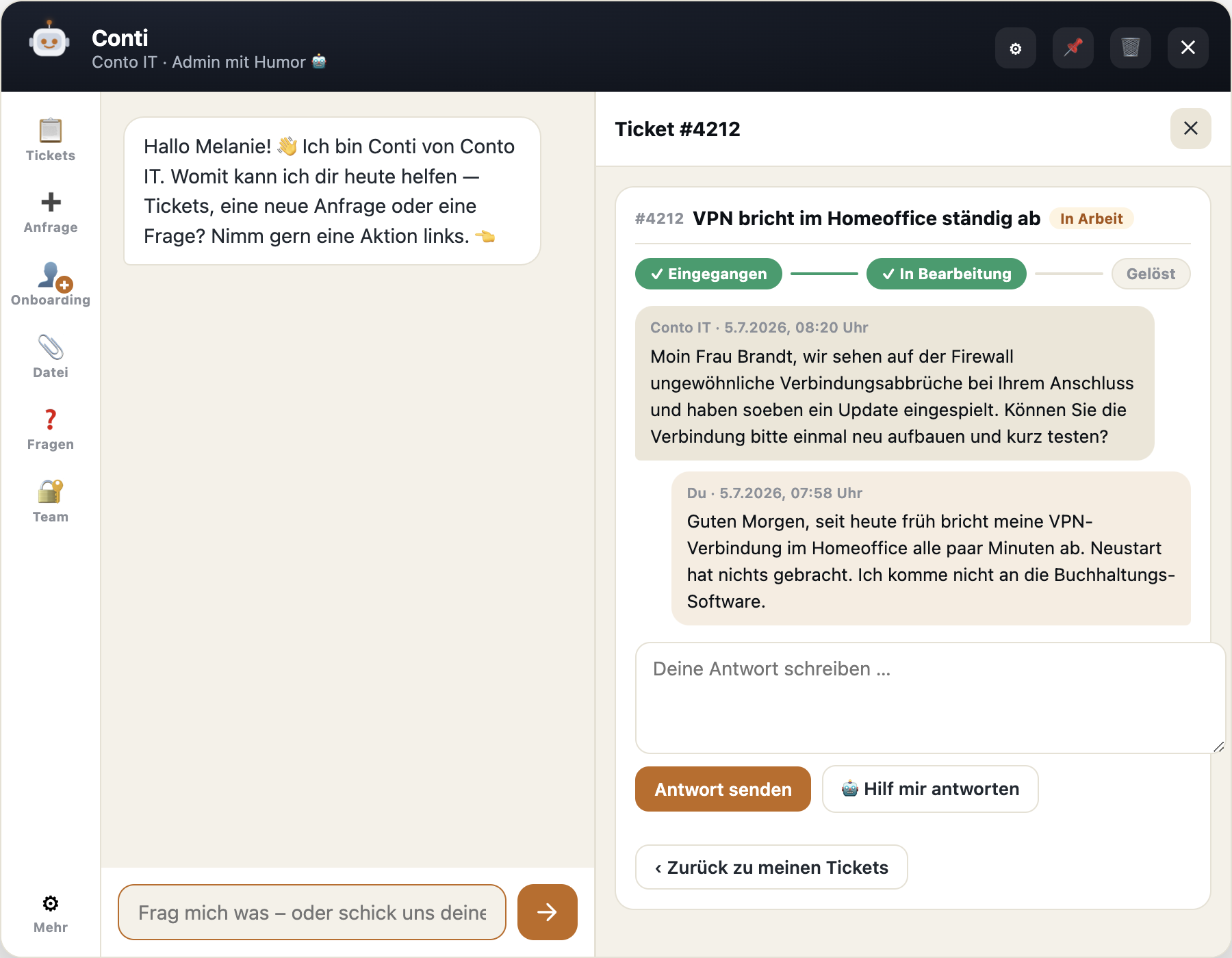 Conti app: own ticket with timeline, history and AI reply help