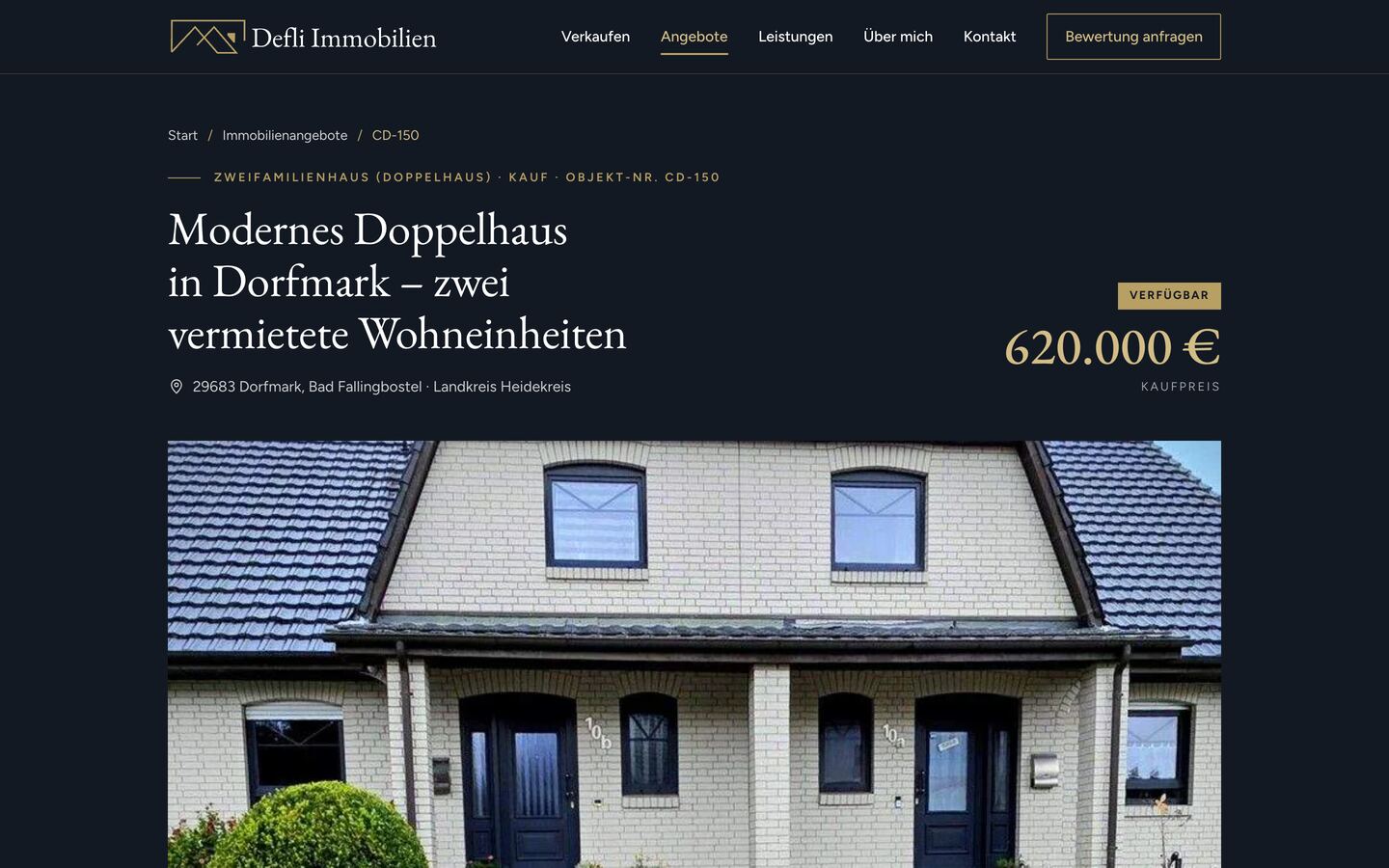 Seite eines Immobilienangebots mit Kaufpreis und Foto