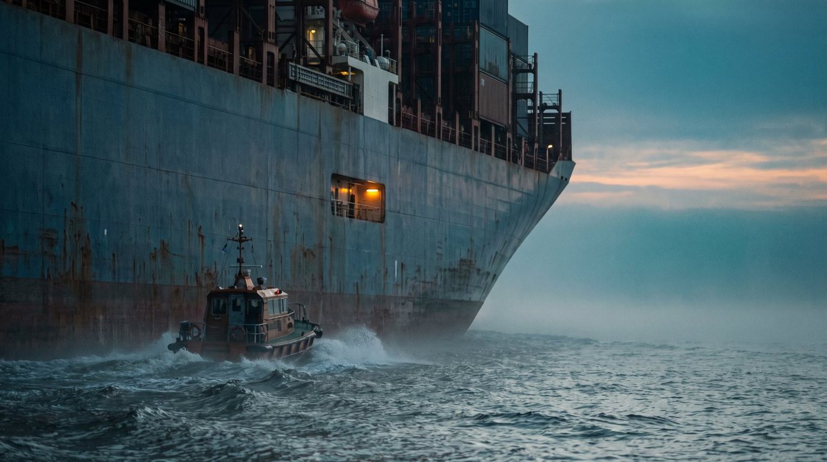 Ein Lotsenboot geht bei Morgengrauen längsseits eines Frachtschiffs