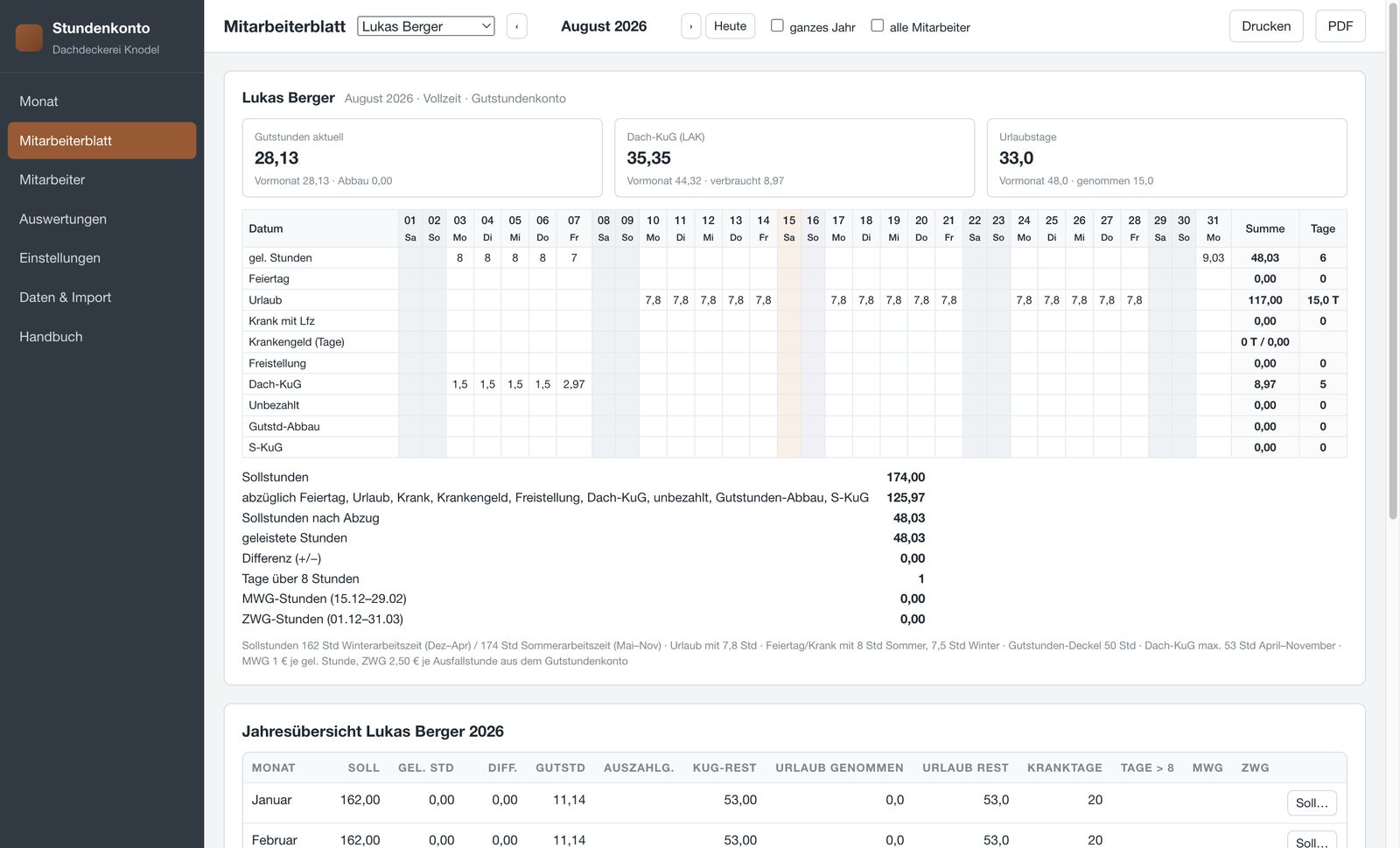Mitarbeiterblatt in der gewohnten Excel-Optik