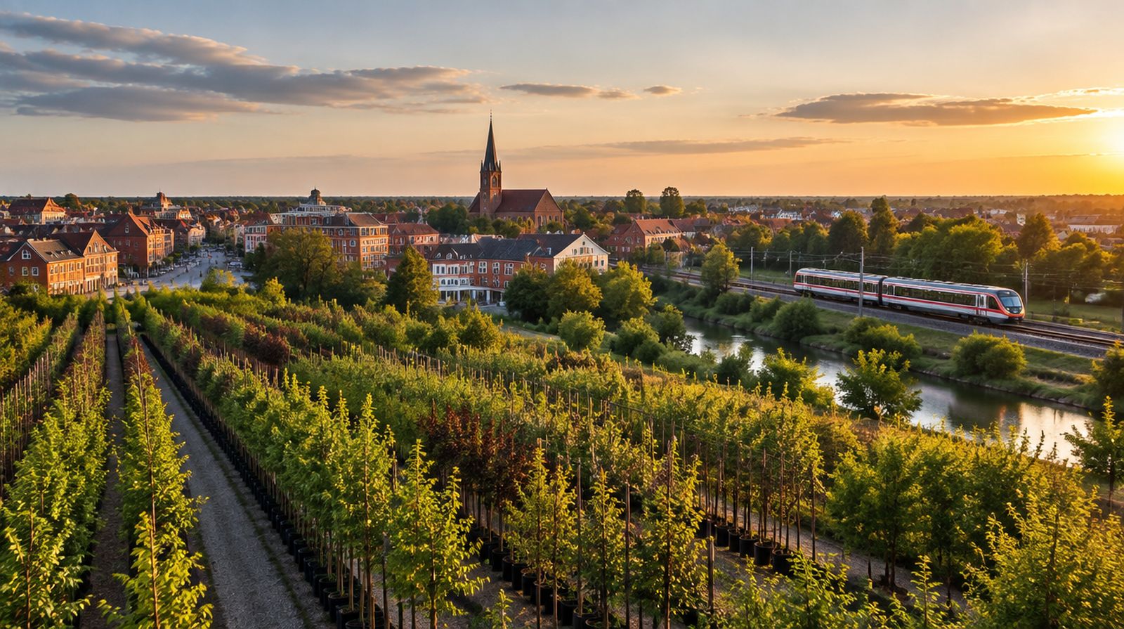 Baumschulen und Stadtsilhouette von Elmshorn